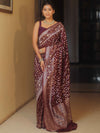 Banarasee Handwoven Semi Katan Saree With Zari Jaal Design & Border-Maroon