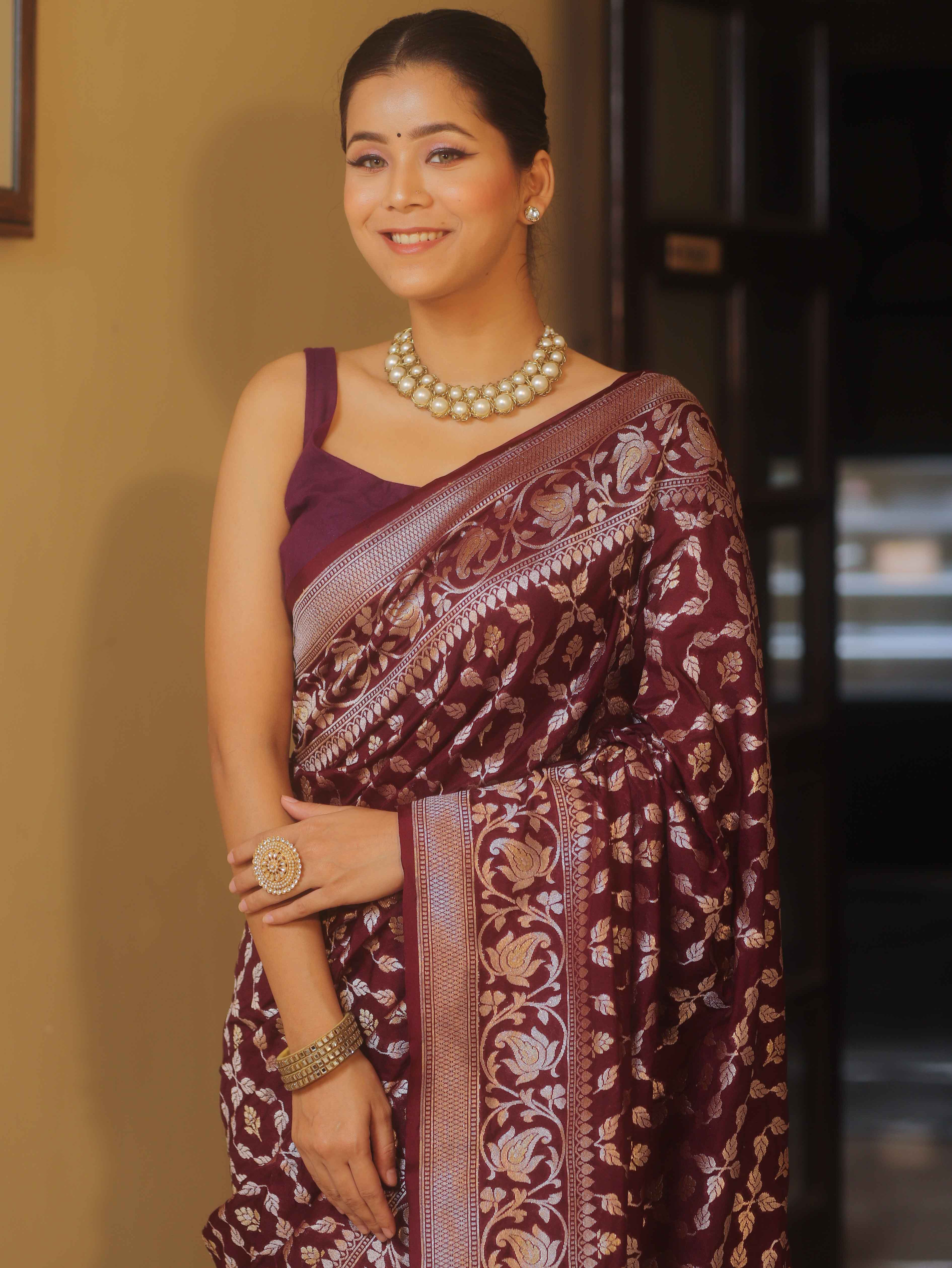 Banarasee Handwoven Semi Katan Saree With Zari Jaal Design & Border-Maroon