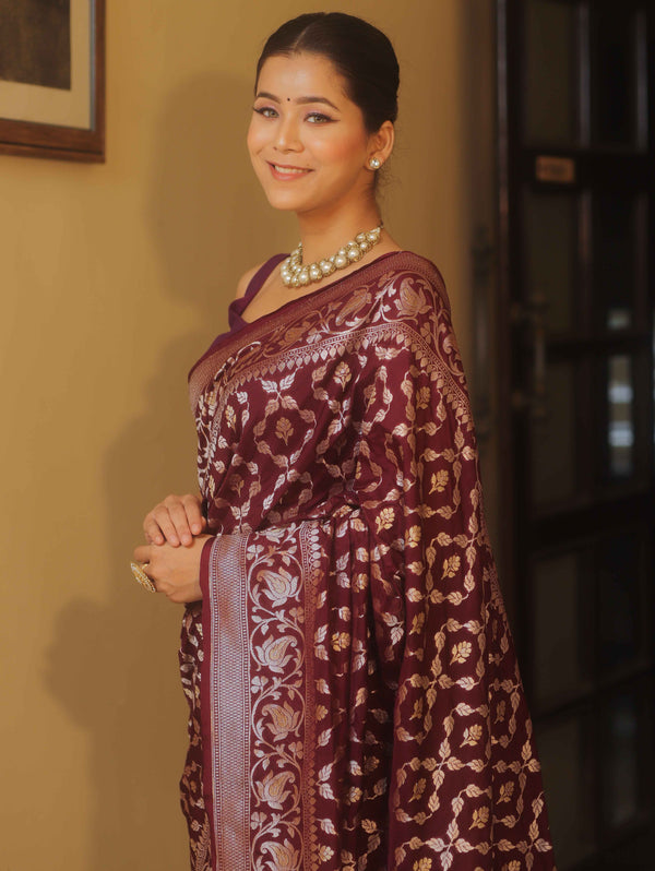 Banarasee Handwoven Semi Katan Saree With Zari Jaal Design & Border-Maroon