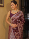 Banarasee Handwoven Semi Katan Saree With Zari Jaal Design & Border-Maroon