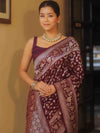 Banarasee Handwoven Semi Katan Saree With Zari Jaal Design & Border-Maroon