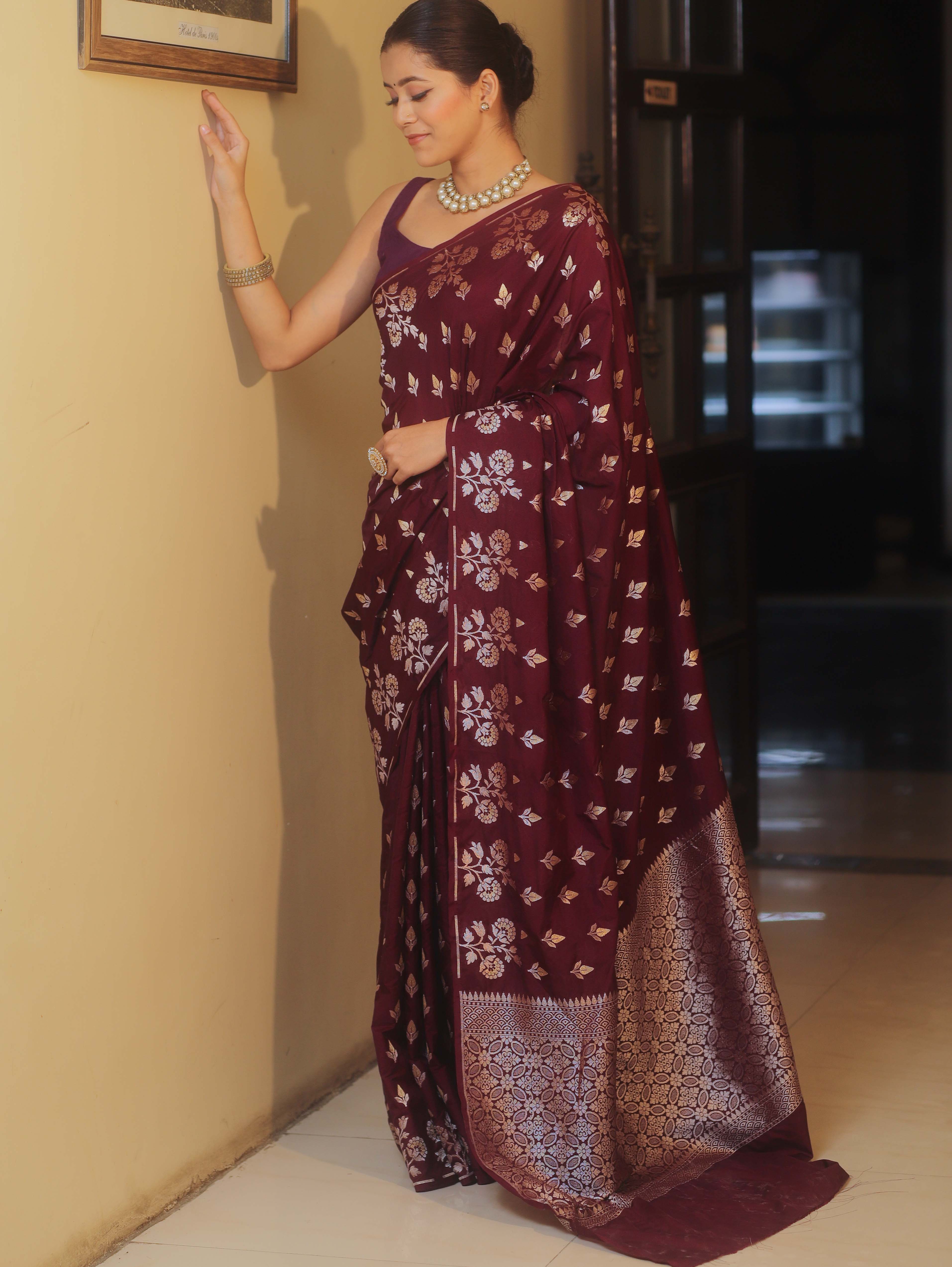 Banarasee Handwoven Semi Katan Saree With Zari Buta Design-Maroon