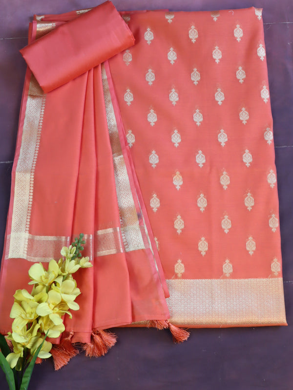 Banarasee Cotton Silk Zari Work Salwar Kameez Fabric With Plain Dupatta-Peach