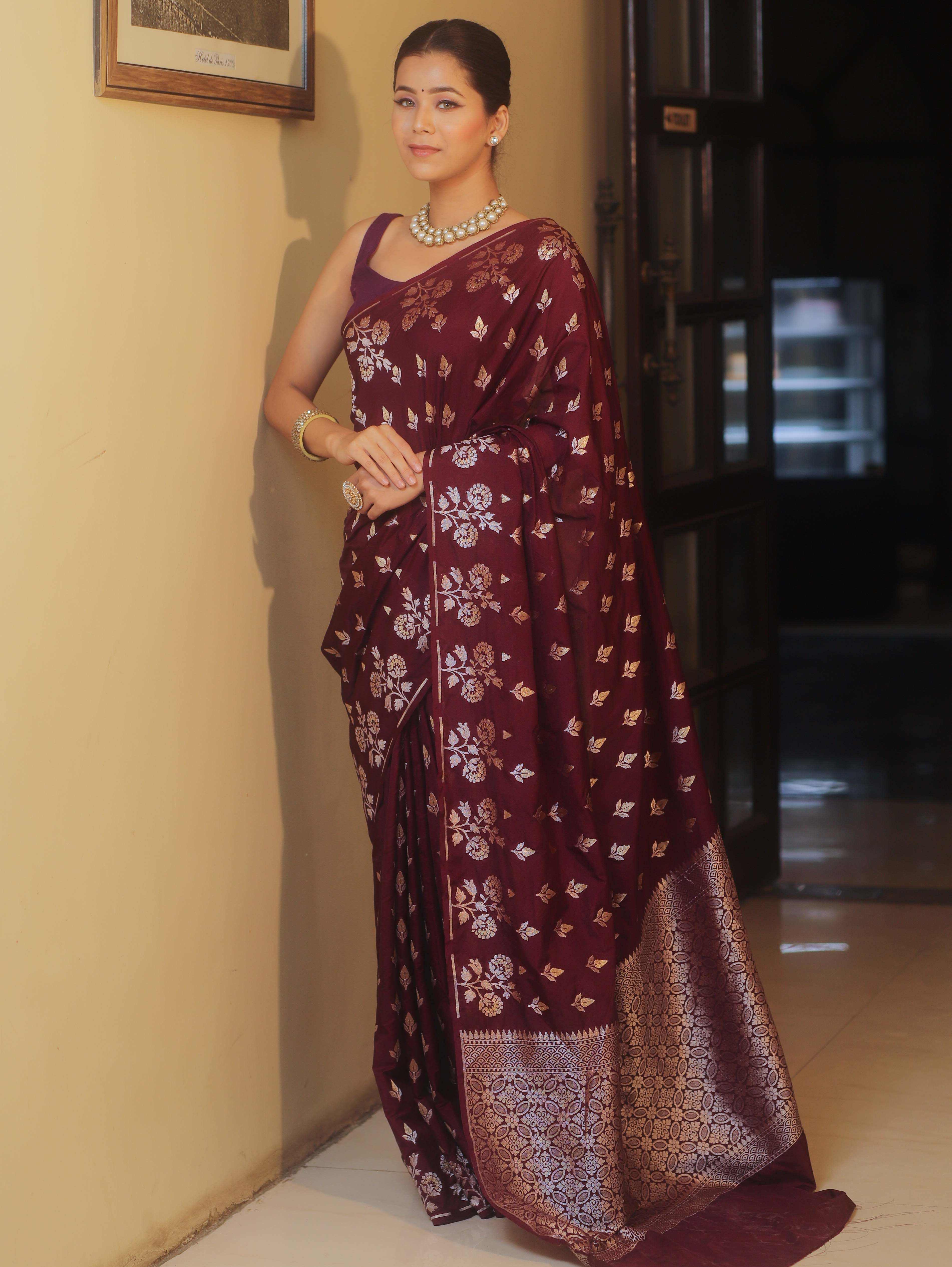 Banarasee Handwoven Semi Katan Saree With Zari Buta Design-Maroon