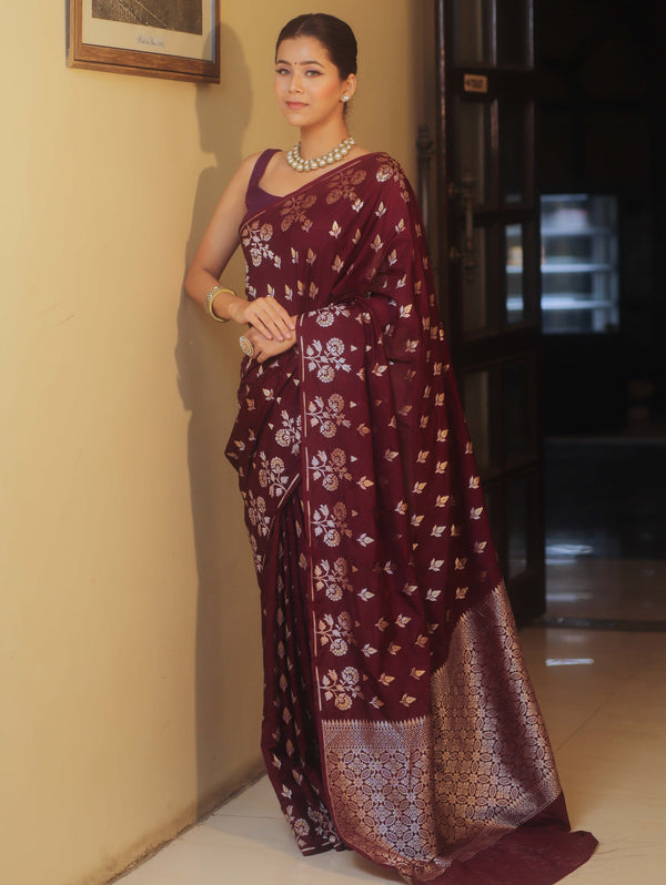 Banarasee Handwoven Semi Katan Saree With Zari Buta Design-Maroon