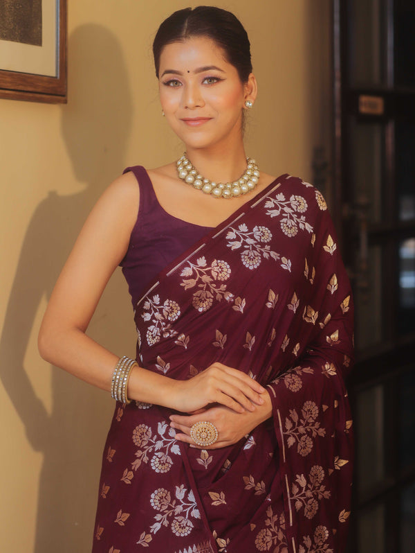 Banarasee Handwoven Semi Katan Saree With Zari Buta Design-Maroon