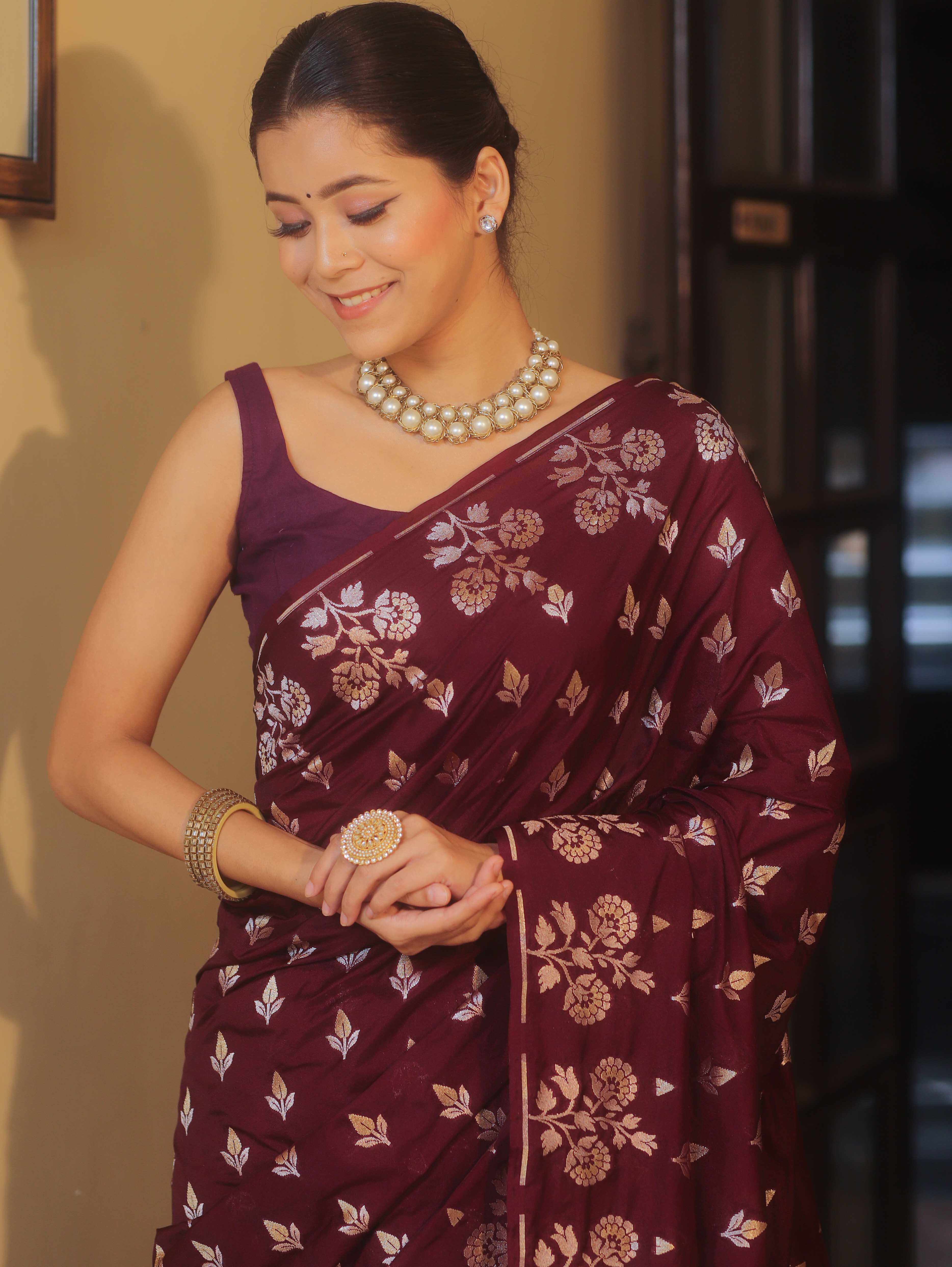 Banarasee Handwoven Semi Katan Saree With Zari Buta Design-Maroon