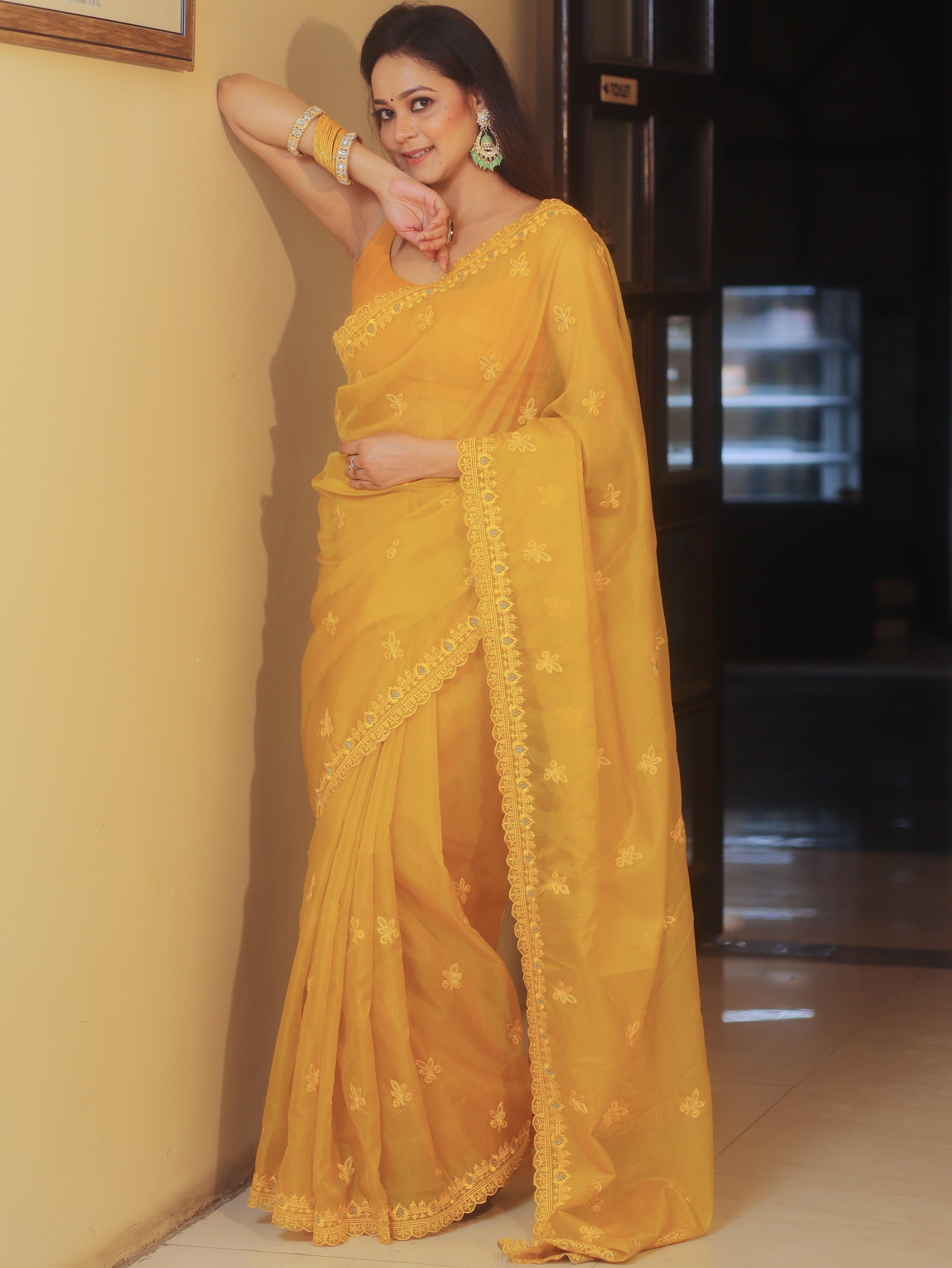 Banarasee Organza Saree With Embroidery Buta & Border-Yellow