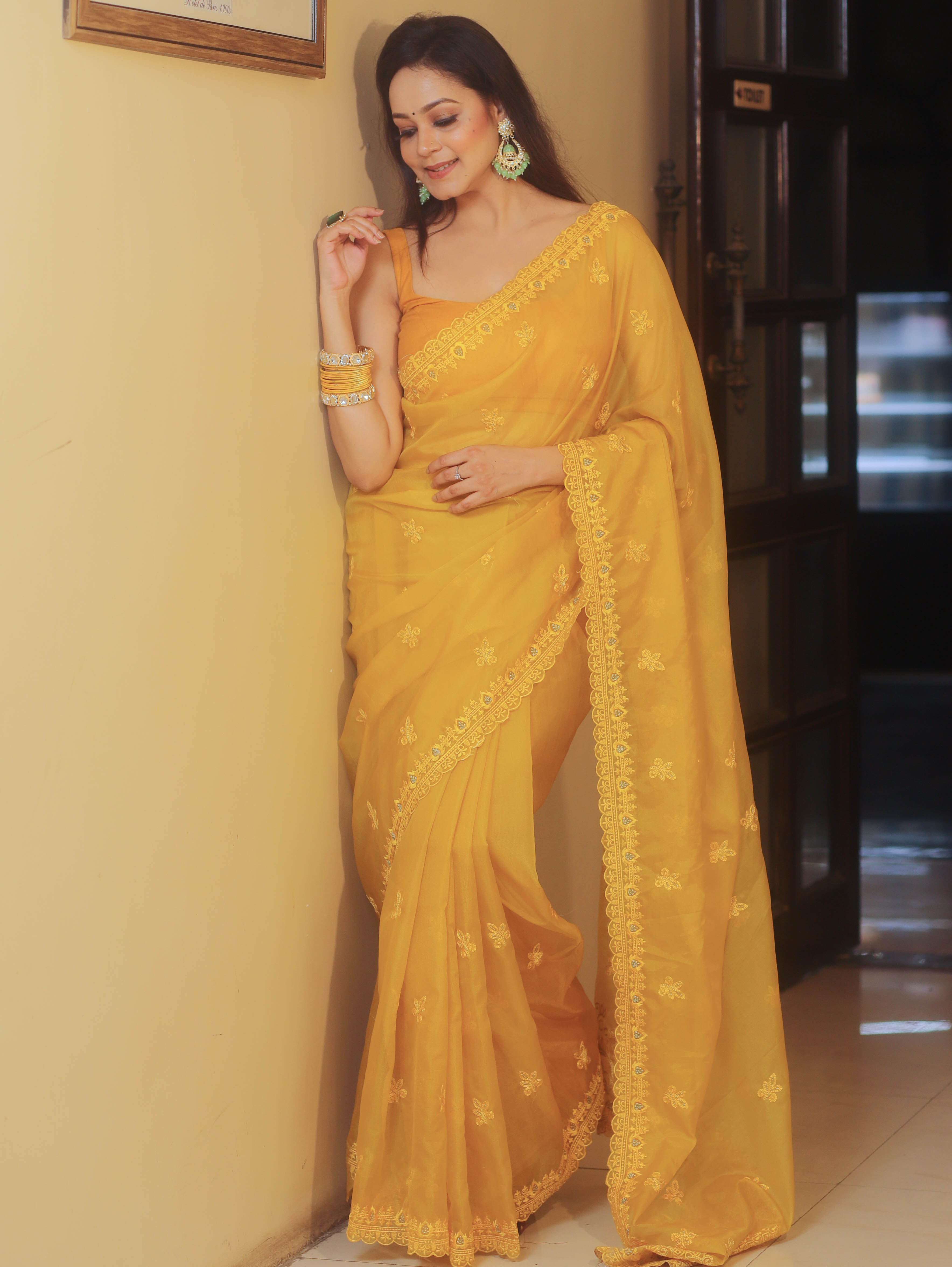 Banarasee Organza Saree With Embroidery Buta & Border-Yellow