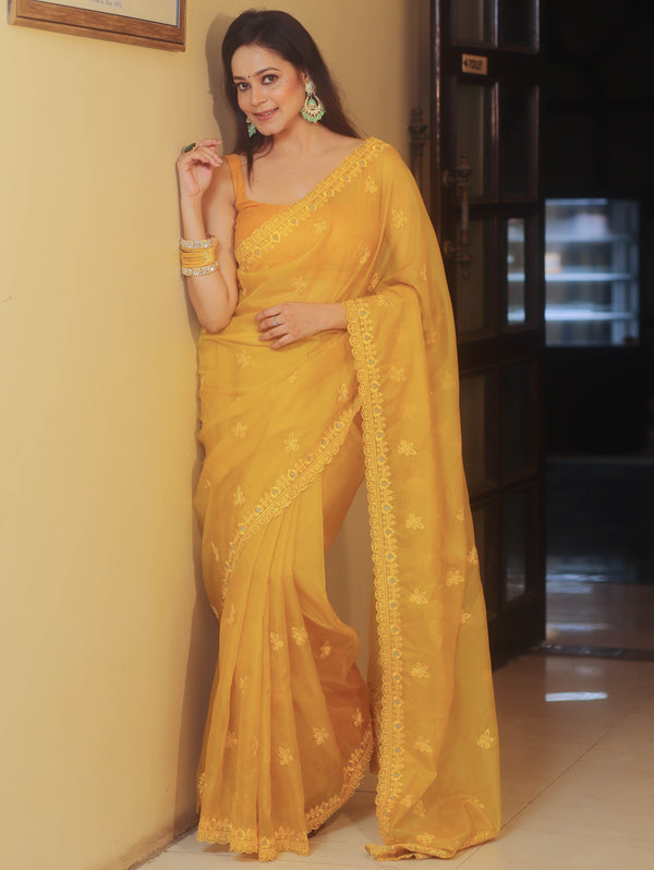 Banarasee Organza Saree With Embroidery Buta & Border-Yellow