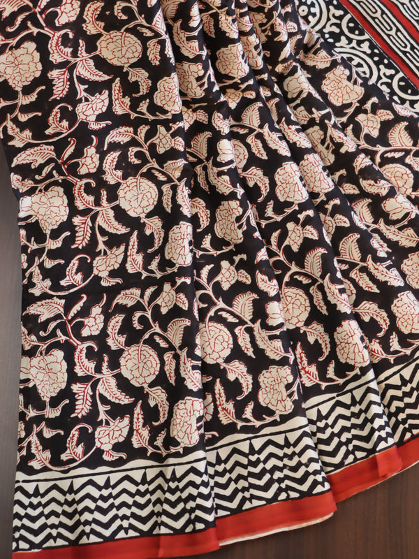 Banarasee Handloom Modal Silk Block Print Saree-Black