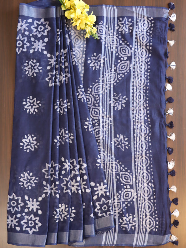 Bhagalpur Handloom Pure Linen Cotton Batik Pattern Saree-Blue