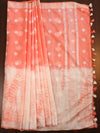 Handloom Mul Cotton Shibori Dyed Saree-Peach & White