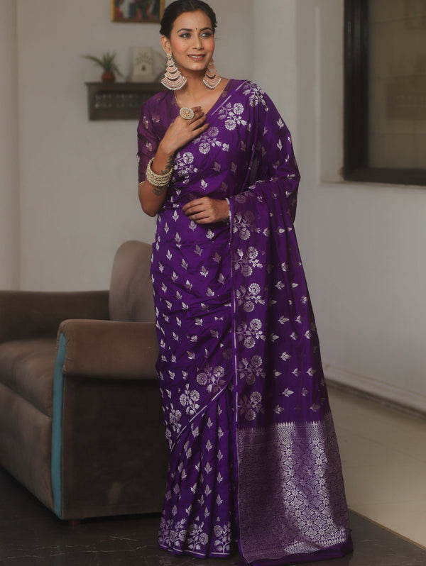 Banarasee Handwoven Semi Katan Saree With Zari Buta Design-Violet