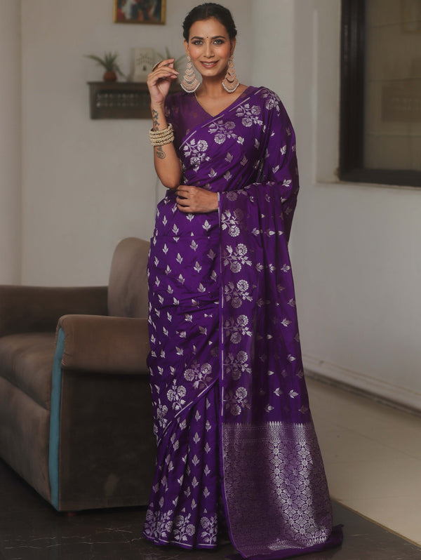 Banarasee Handwoven Semi Katan Saree With Zari Buta Design-Violet