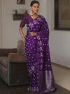 Banarasee Handwoven Semi Katan Saree With Zari Buta Design-Violet