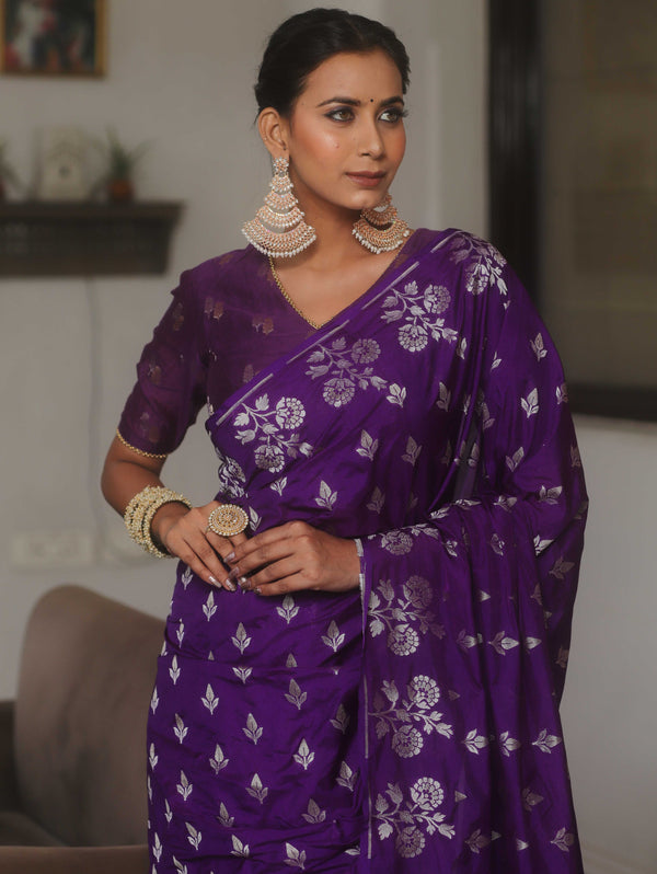 Banarasee Handwoven Semi Katan Saree With Zari Buta Design-Violet