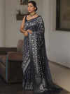 Banarasee Handwoven Semi Katan Saree With Zari Jaal Design & Border-Blue