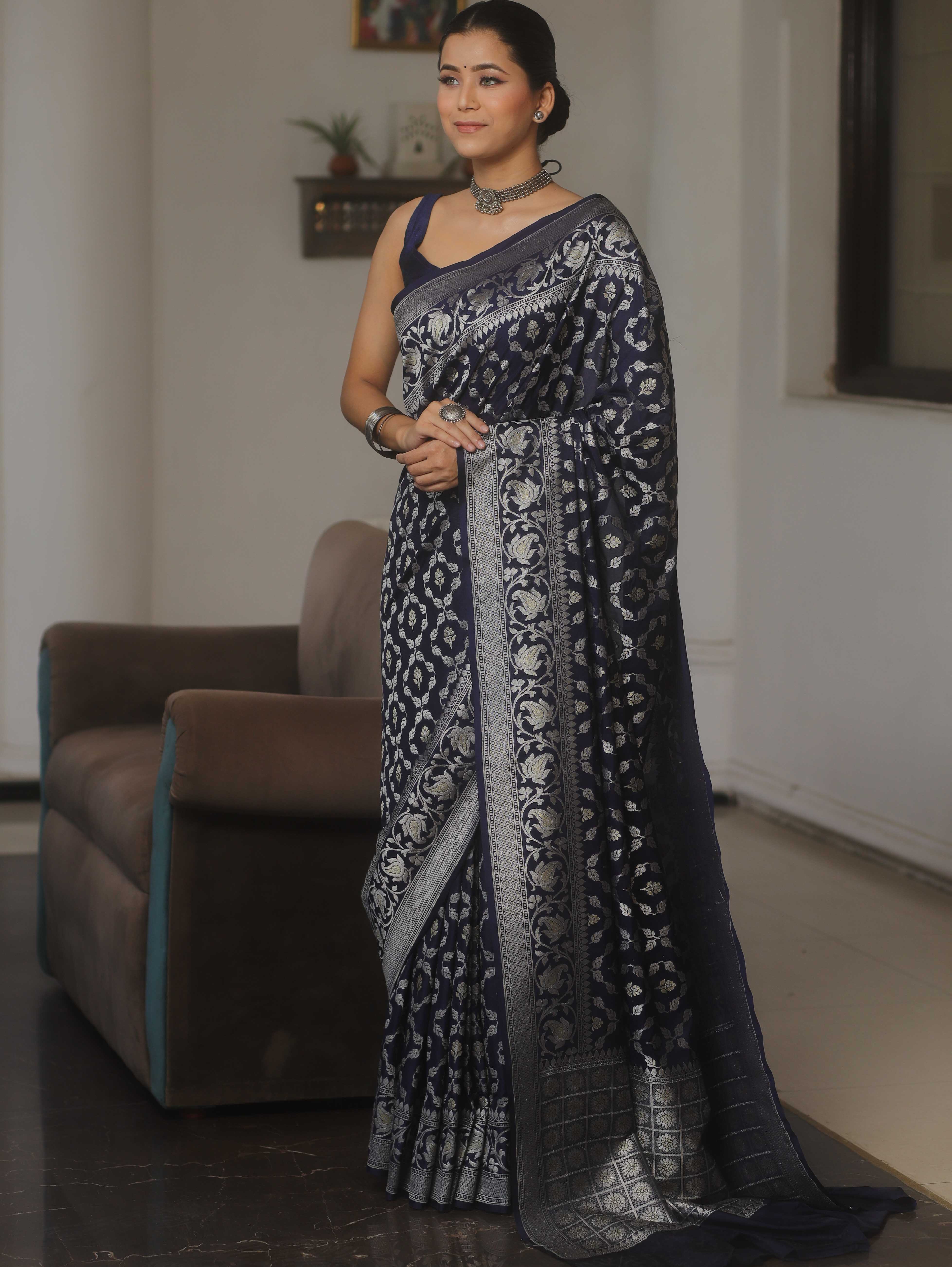 Banarasee Handwoven Semi Katan Saree With Zari Jaal Design & Border-Blue