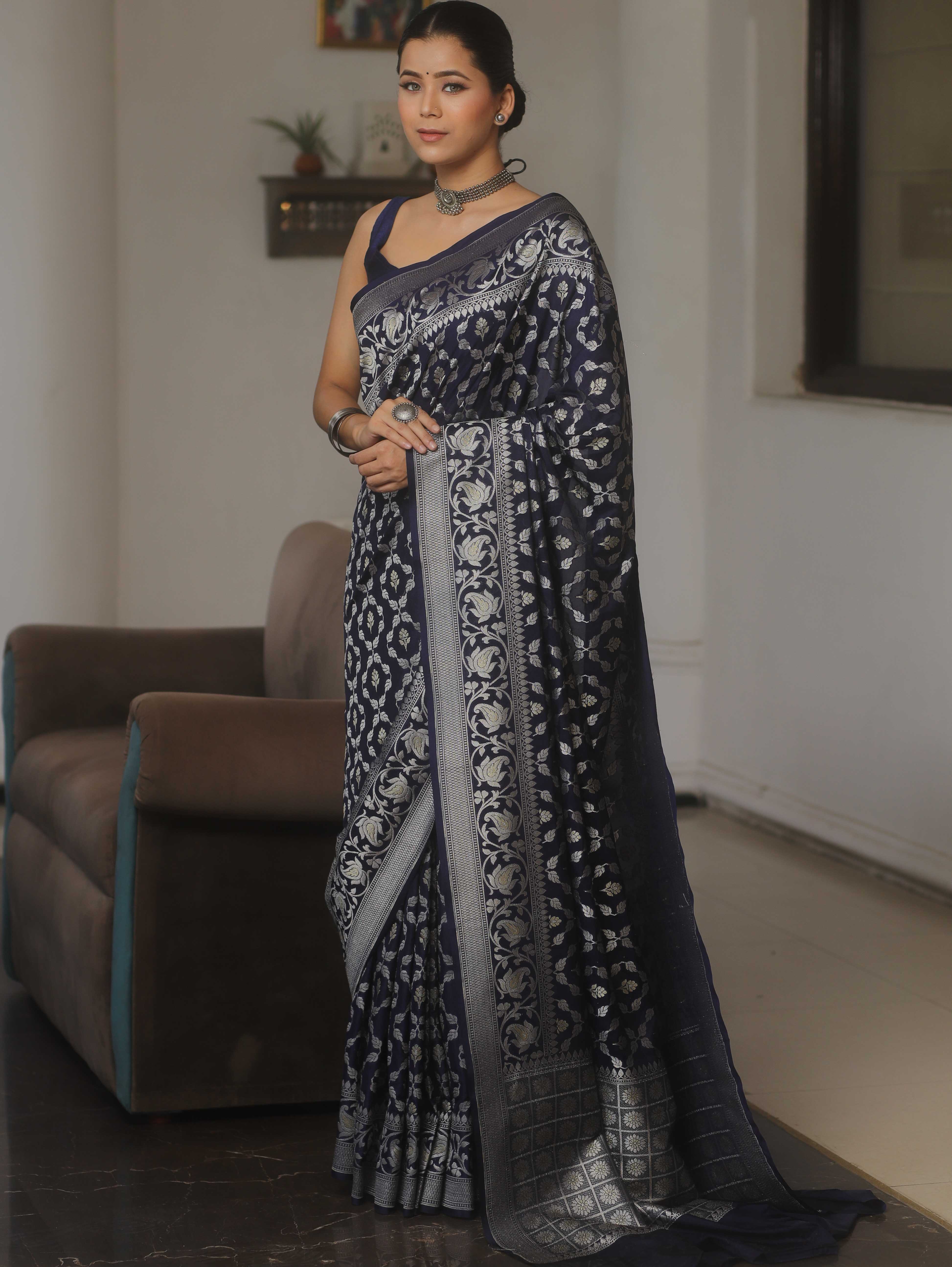 Banarasee Handwoven Semi Katan Saree With Zari Jaal Design & Border-Blue