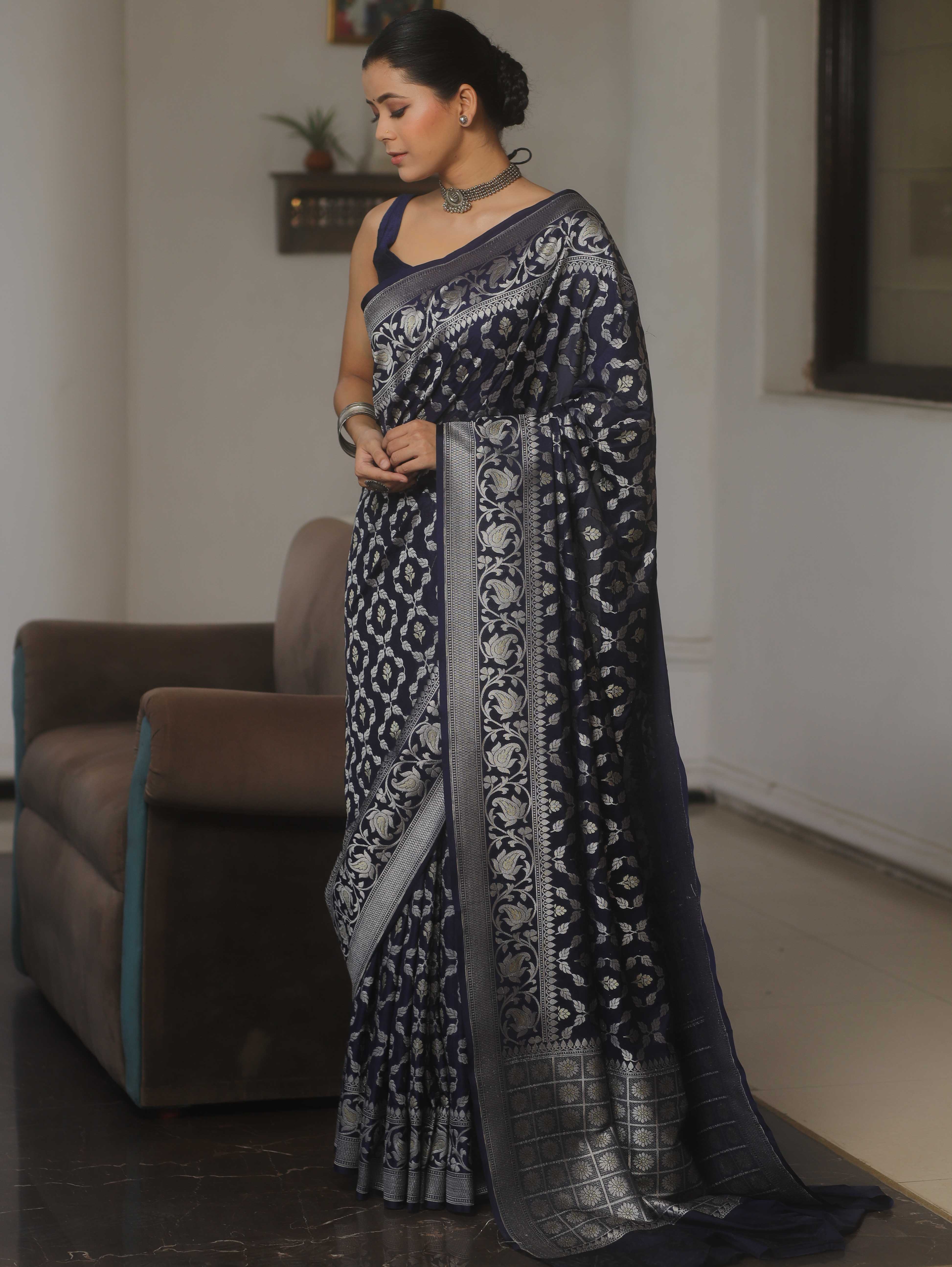 Banarasee Handwoven Semi Katan Saree With Zari Jaal Design & Border-Blue