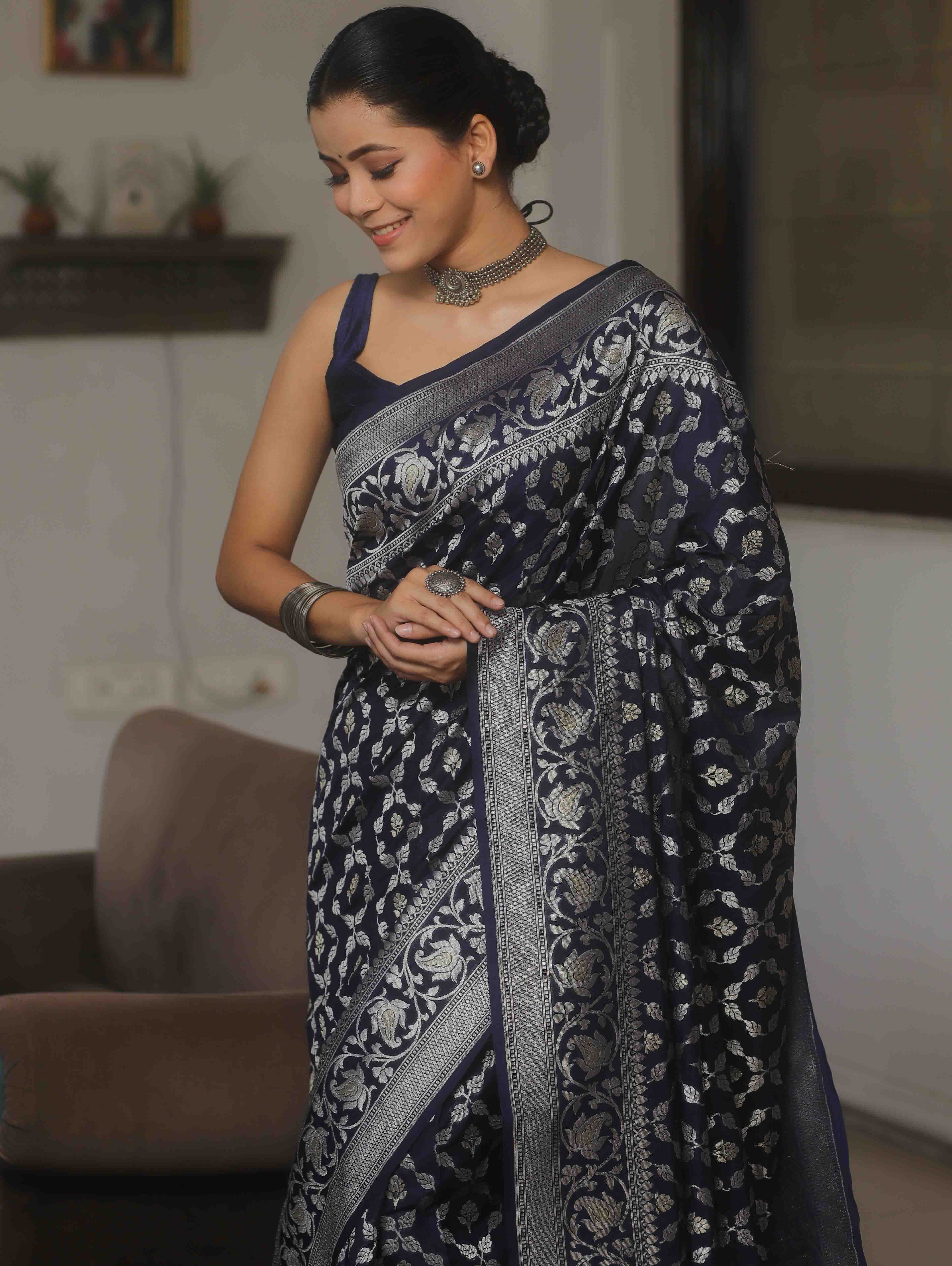 Banarasee Handwoven Semi Katan Saree With Zari Jaal Design & Border-Blue