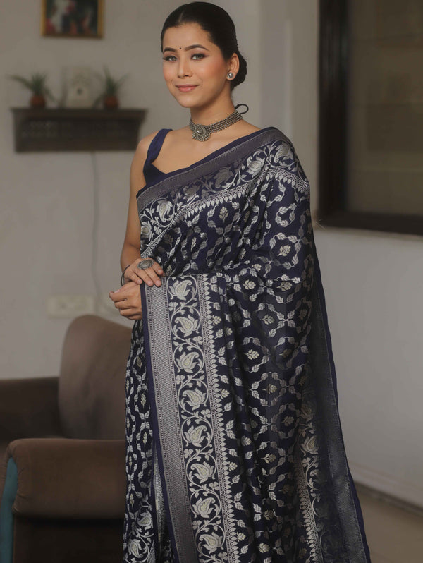 Banarasee Handwoven Semi Katan Saree With Zari Jaal Design & Border-Blue