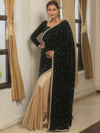 Banarasee Mirror Embroidered Velvet & Tissue Saree-Green