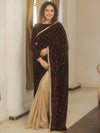 Banarasee Mirror Embroidered Velvet & Tissue Saree-Brown