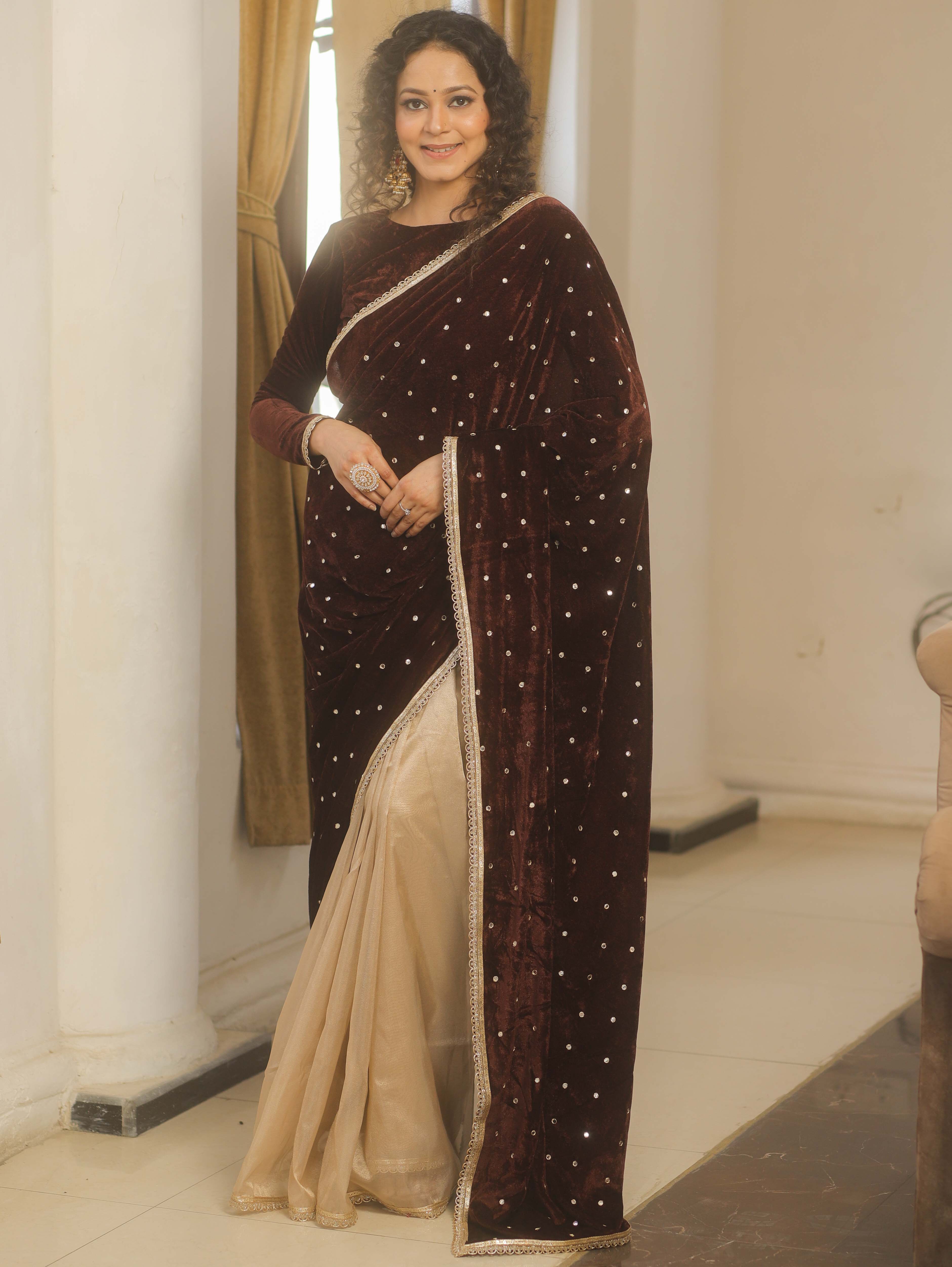 Banarasee Mirror Embroidered Velvet & Tissue Saree-Brown