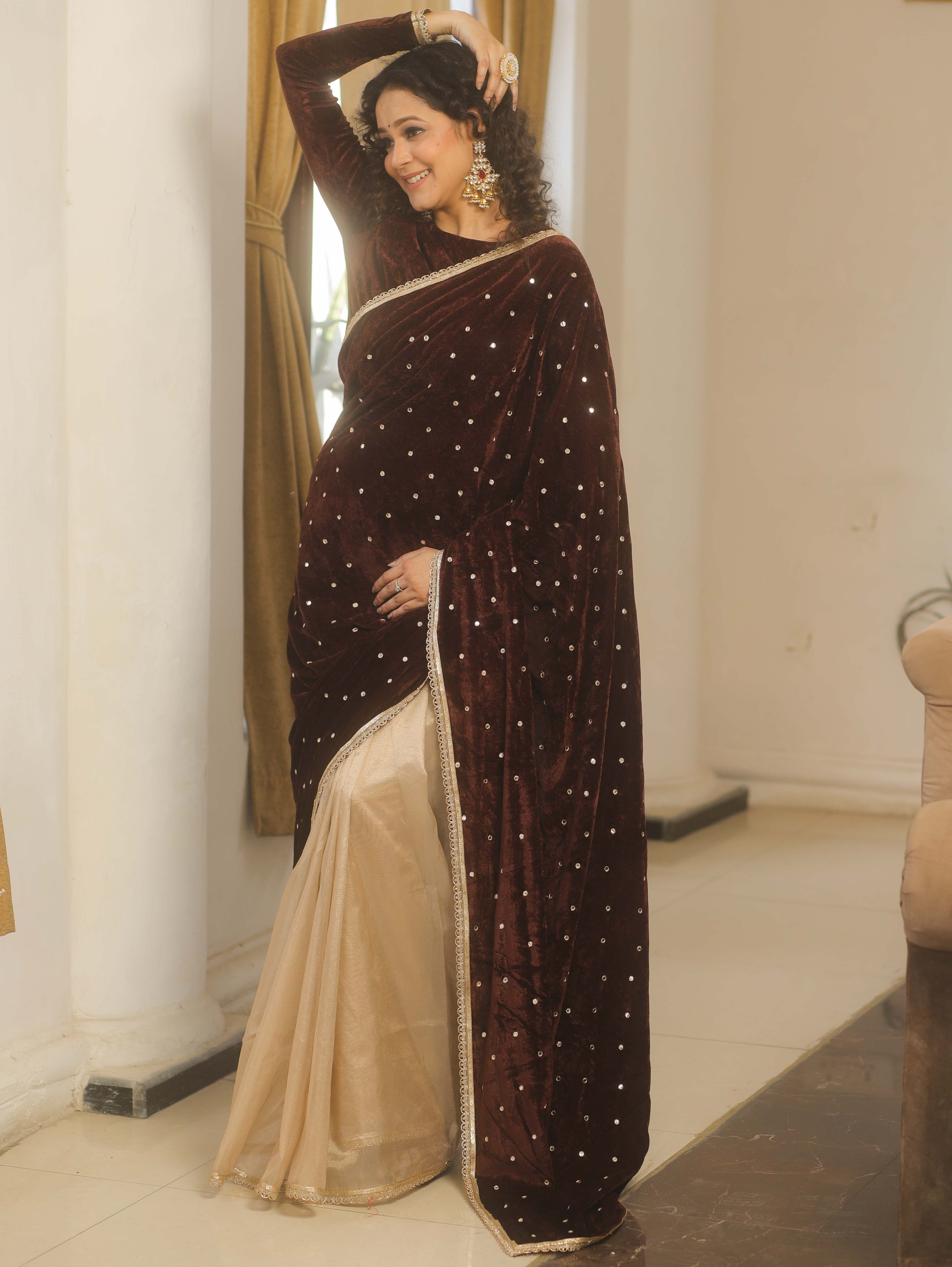 Banarasee Mirror Embroidered Velvet & Tissue Saree-Brown