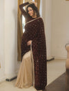 Banarasee Mirror Embroidered Velvet & Tissue Saree-Brown