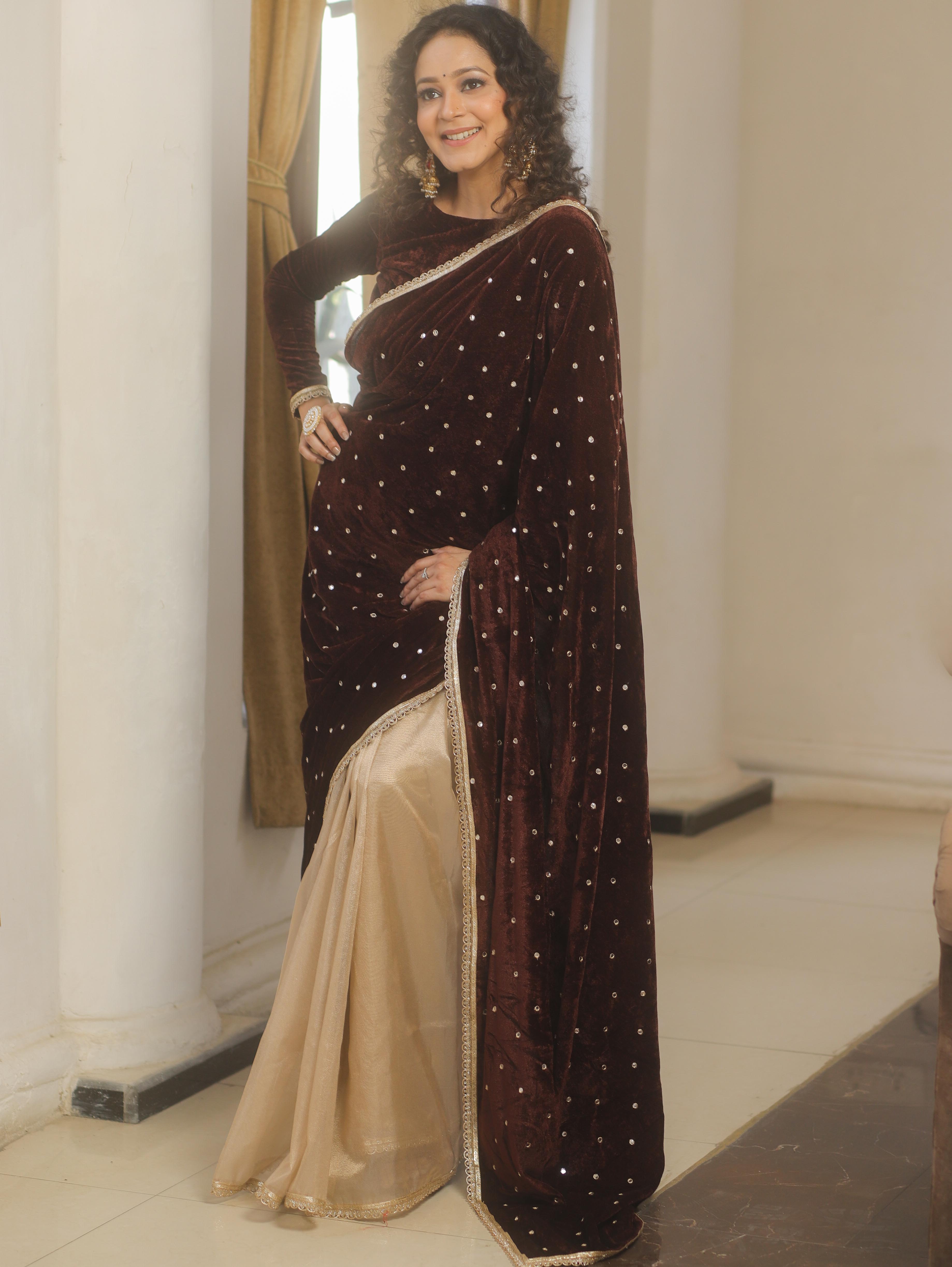 Banarasee Mirror Embroidered Velvet & Tissue Saree-Brown