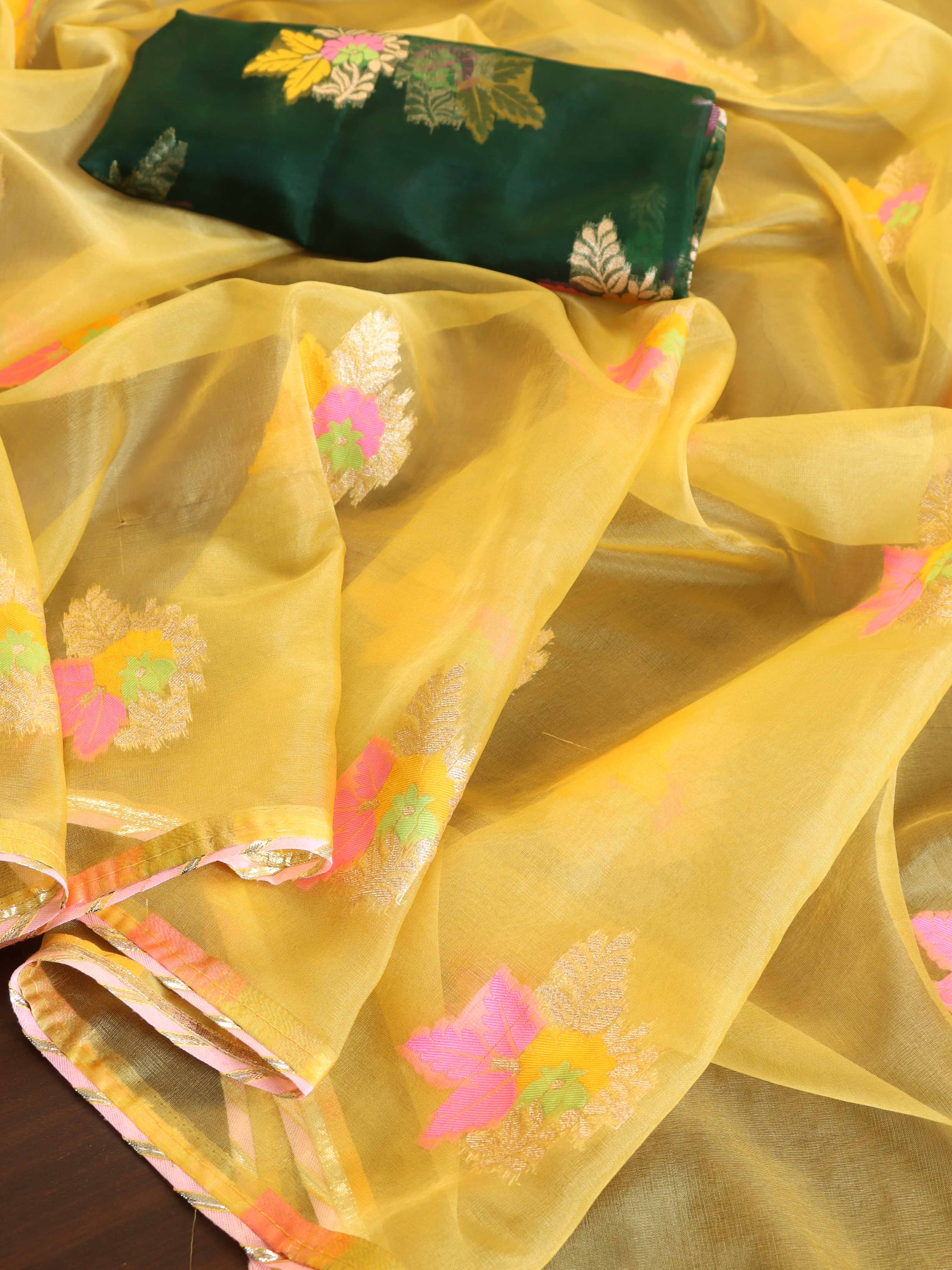 Banarasee Organza Mix Saree With Zari & Resham Buta Design-Yellow