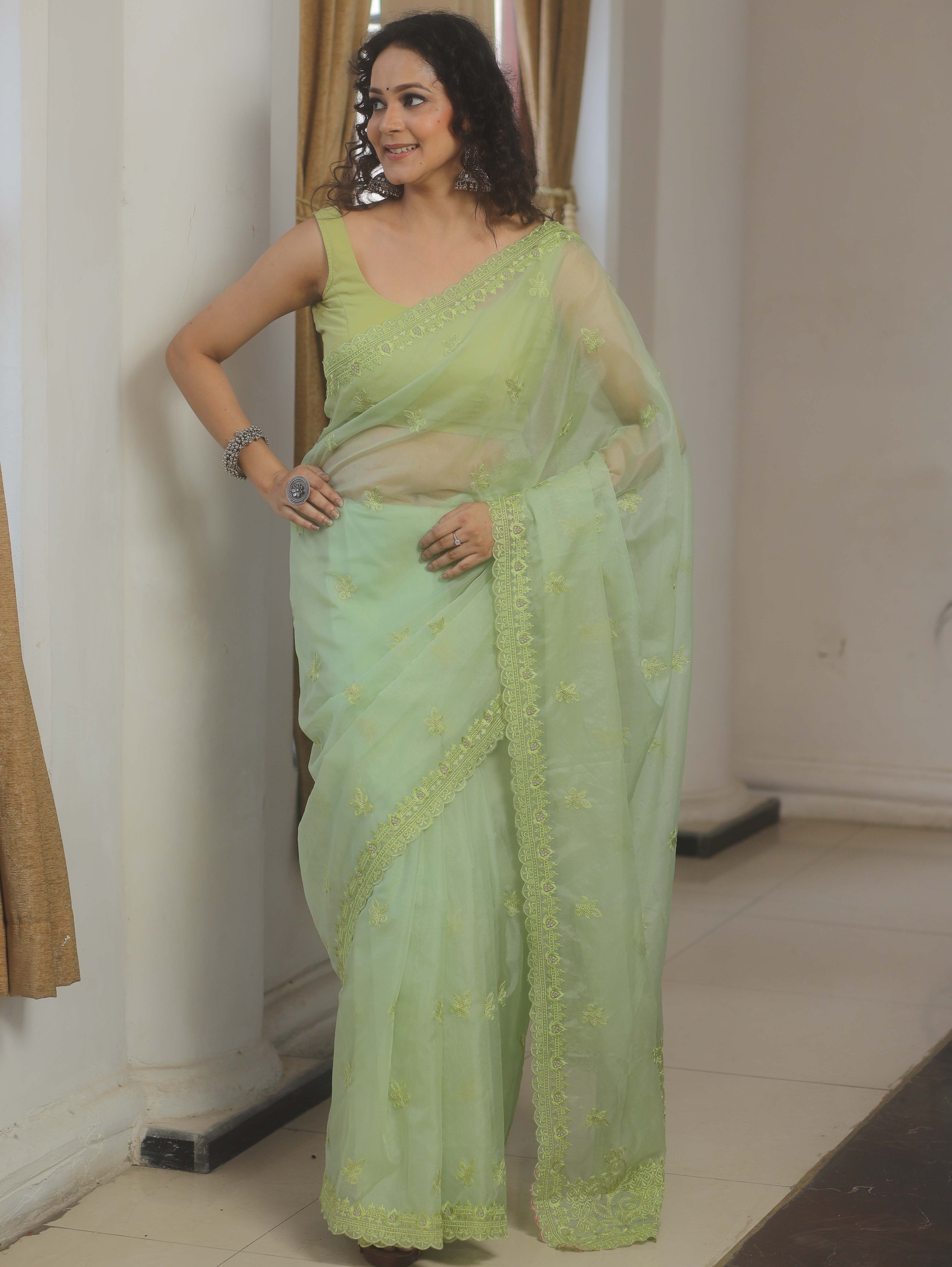 Banarasee Organza Saree With Embroidery Buta & Border-Light Green