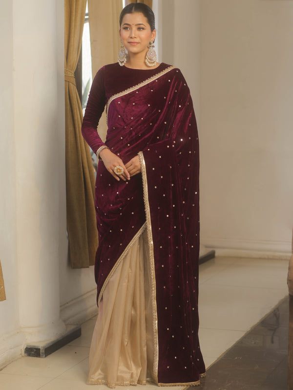 Banarasee Mirror Embroidered Velvet & Tissue Saree-Violet