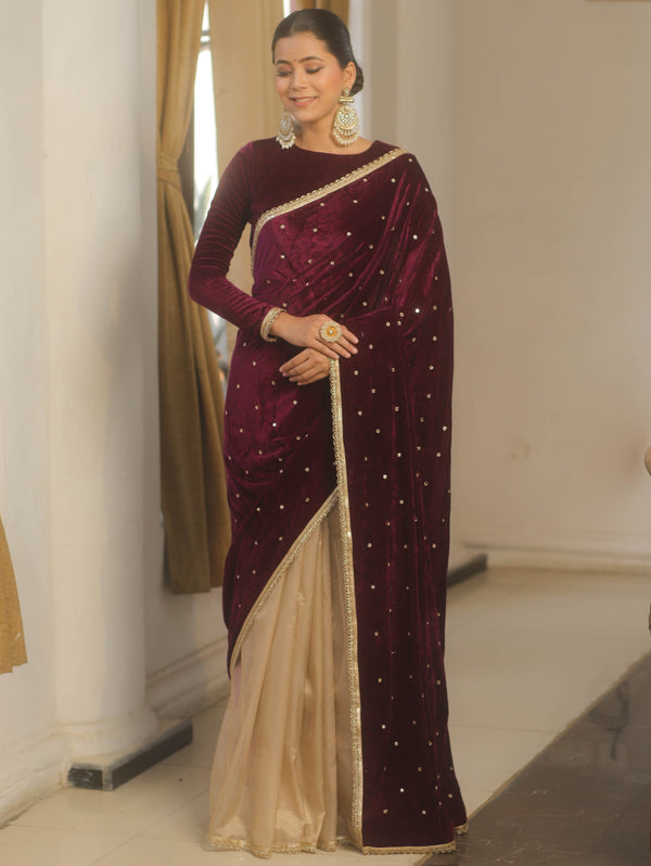 Banarasee Mirror Embroidered Velvet & Tissue Saree-Violet