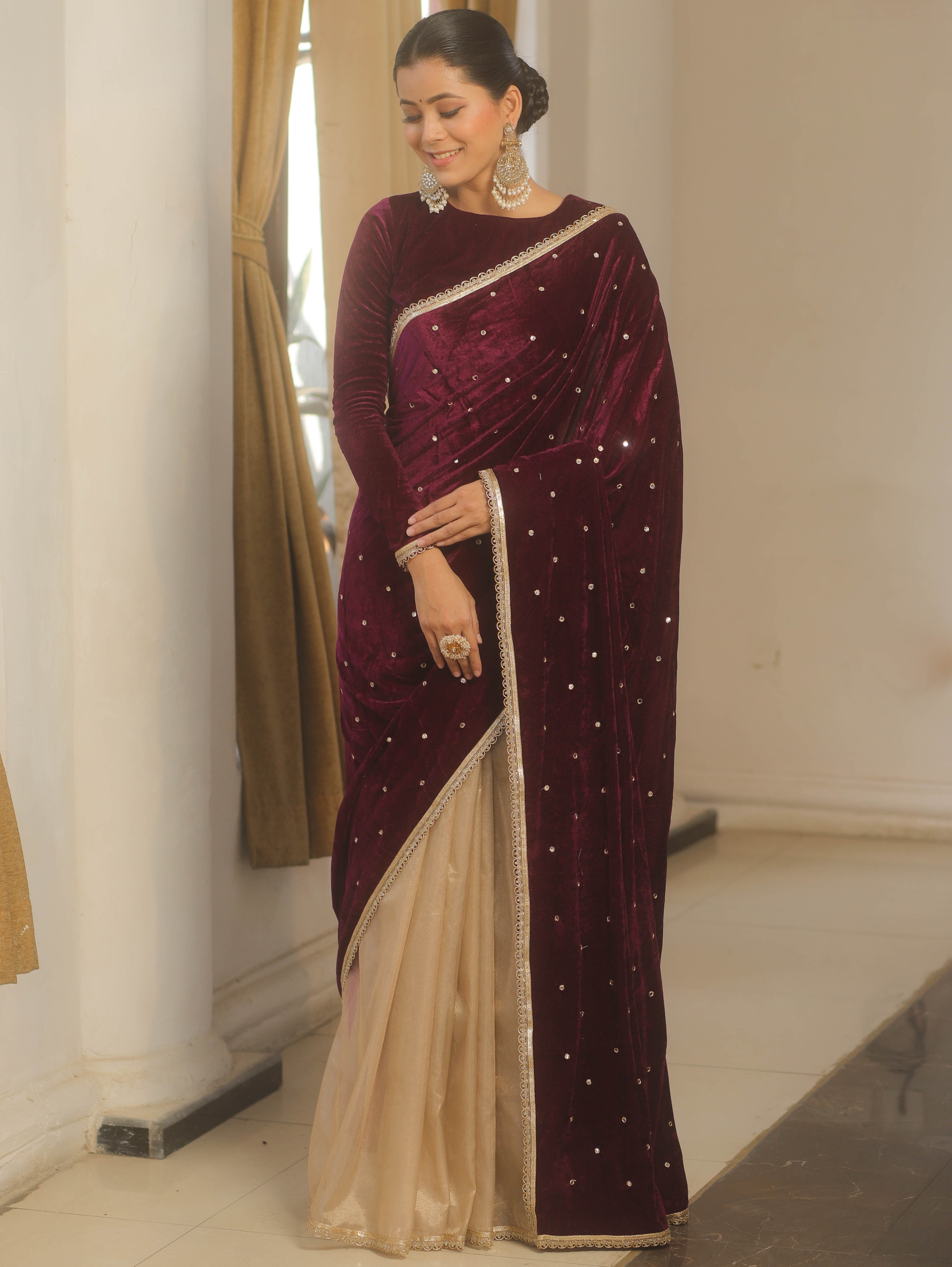 Banarasee Mirror Embroidered Velvet & Tissue Saree-Violet