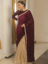 Banarasee Mirror Embroidered Velvet & Tissue Saree-Violet