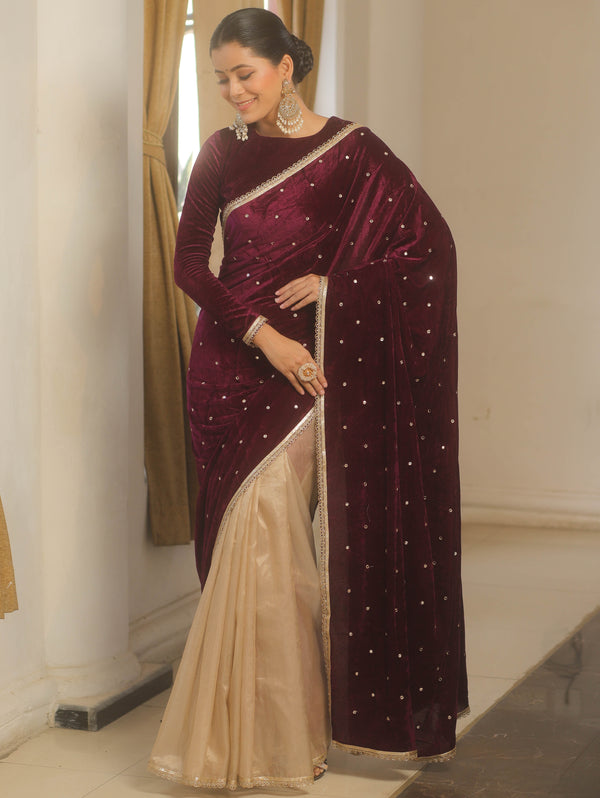 Banarasee Mirror Embroidered Velvet & Tissue Saree-Violet