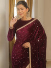 Banarasee Mirror Embroidered Velvet & Tissue Saree-Violet