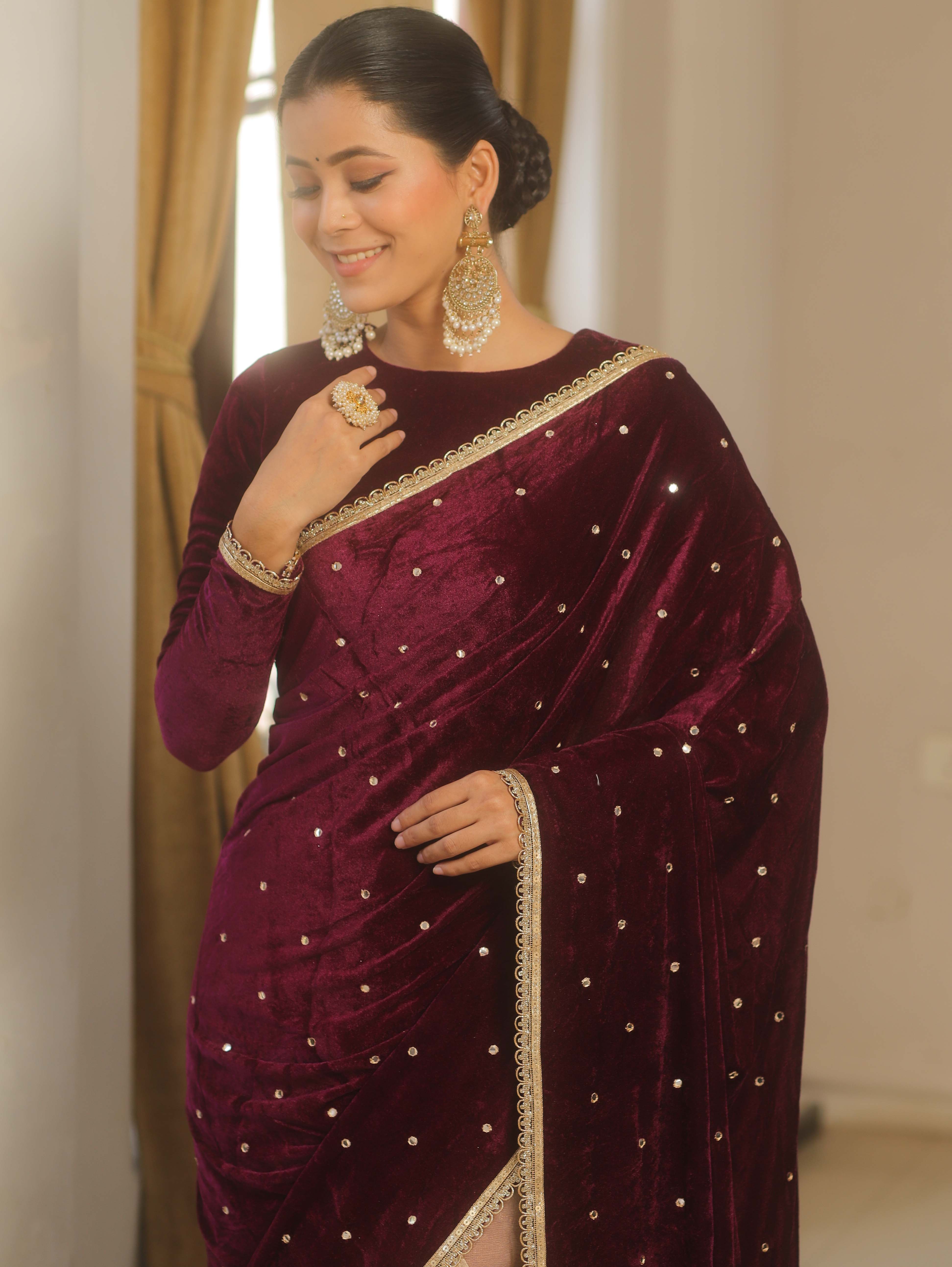 Banarasee Mirror Embroidered Velvet & Tissue Saree-Violet