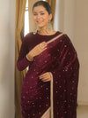 Banarasee Mirror Embroidered Velvet & Tissue Saree-Violet