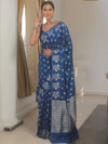 Banarasee Handwoven Semi Katan Saree With Zari Buta Design-Navy Blue