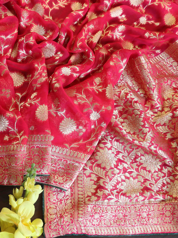 Banarasee Faux Georgette Saree With Zari Jaal Design-Pink