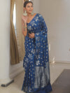 Banarasee Handwoven Semi Katan Saree With Zari Buta Design-Navy Blue