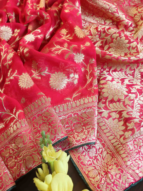 Banarasee Faux Georgette Saree With Zari Jaal Design-Pink