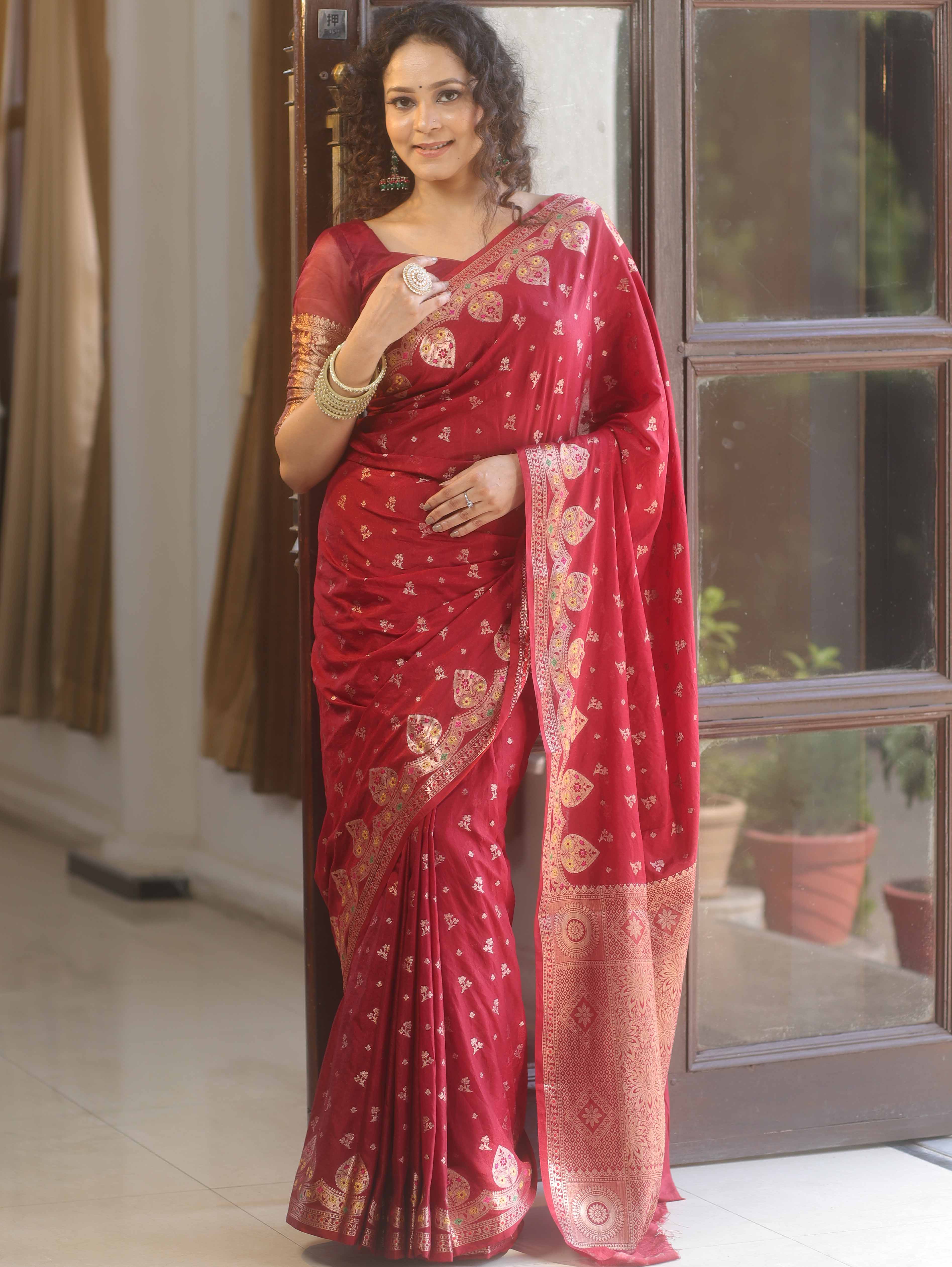 Banarasee Cotton Silk Saree Zari Buta With Meena Border-Maroon