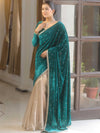 Banarasee Mirror Embroidered Velvet & Tissue Saree-Teal Green