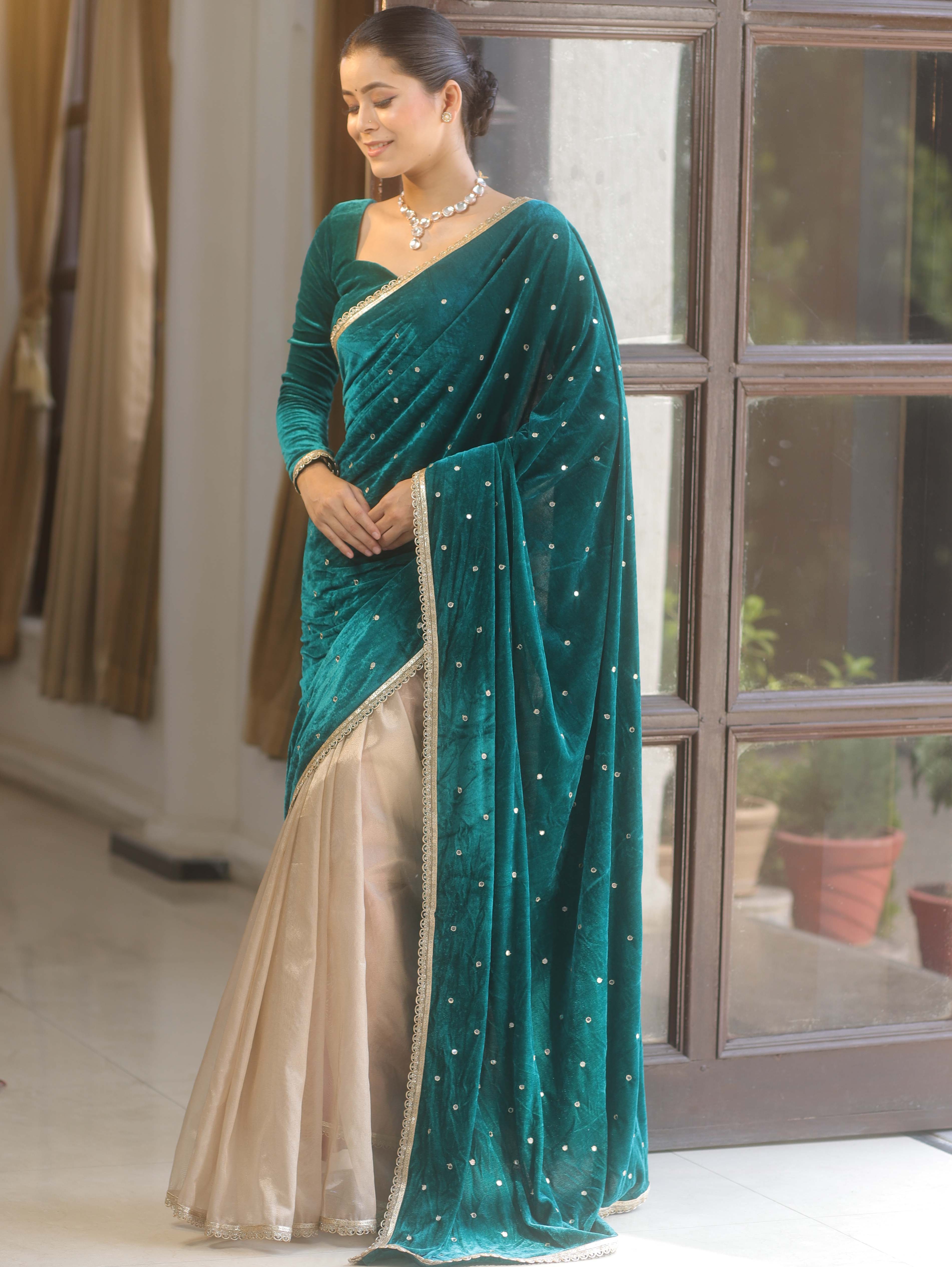 Banarasee Mirror Embroidered Velvet & Tissue Saree-Teal Green